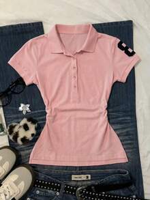 Women's Fashion Color Block Button Front Short Sleeve T-Shirt Jersey - Pink - View 6