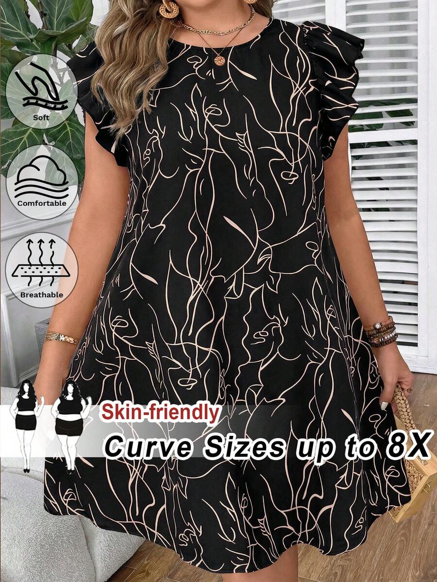 SHEIN CURVE+ Plus Size Boho Black Summer Lace Vacation Floral Print Dress,Woman Round Neck Ruffle Detail Woven Fabric Short Beach Outfits,Graduation Tea Party - Multicolor - View 1