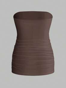 Modmama Maternity Summer Casual Solid Color Elastic Pleated Tube Top Tops For Pregnant Ruched Women Tummy Control Shapewear - Coffee Brown - View 9