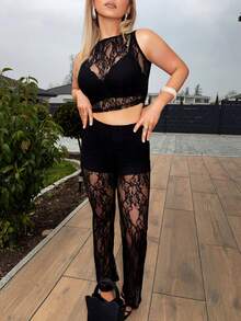 Jeta Ari Women's Pure Lace Two-Piece Suit, Elegant Short Vest And Trousers,Sexy Elegant Ladies Suit Suitable For Music Festival Party Wear, Easter, Concert Wear, Women's Summer Wear,Music Festival Holiday Black - Black - View 6