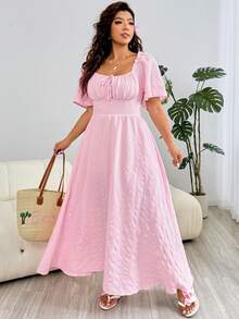 Solflare Romantic Long Flounce Sleeve A-Line Dress, Suitable For Casual, Party, Commute, Wedding, Music Festival, Beach Vacation, Plus Size, Pink - Pink - View 7