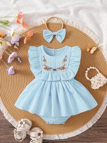 SHEIN Playful Pals 女婴优雅夏季刺绣短袖连衣裙，适合派对和日常穿着 - 淺藍色 - 查看 2