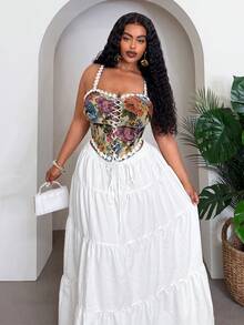 Slaydiva Bộ đồ mùa xuân/hè mới: Áo croptop không tay và chân váy chữ A xếp tầng màu trắng bằng vải jacquard họa tiết hoa, thích hợp cho kỳ nghỉ/phong cách boho/lãng mạn/bãi biển/du mục/lễ hội âm nhạc, cỡ lớn. - Nhiều màu - Xem 1