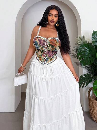 Slaydiva Bộ đồ mùa xuân/hè mới: Áo croptop không tay và chân váy chữ A xếp tầng màu trắng bằng vải jacquard họa tiết hoa, thích hợp cho kỳ nghỉ/phong cách boho/lãng mạn/bãi biển/du mục/lễ hội âm nhạc, cỡ lớn.