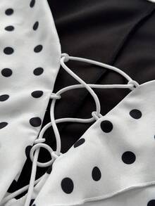 Viva Relle Vestido corto de mujer talla grande con cuello en V, volantes y lunares en blanco y negro, cintura con lazo. Conjunto vintage dulce y picante para citas de primavera/verano - Blanco y Negro - Ver 7