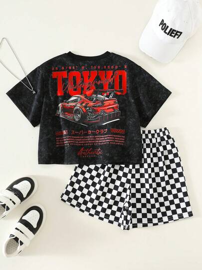 2pcs Toddler Boys' Casual Racing Car Print Short Sleeve T-Shirt And Checkerboard Shorts Set, Summer Streetwear Outfits