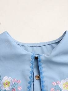 SHEIN Tween Girls/Tween Girl Girls Pastoral Floral Embroidered Pattern Ruffle Collar Puff Sleeve Dress,Versatile Round Neck Trim Contrast Color - Blue - View 6
