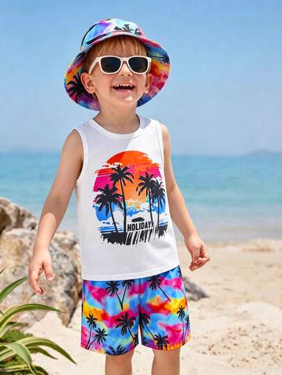 3pcs/Set Young BoyCasual Tropical Rainforest Coconut Tree Print Sleeveless Tank Top, Shorts And Hat Set, Suitable For Vacation, Holiday, Travel, Relax, Sunbathing, Summer