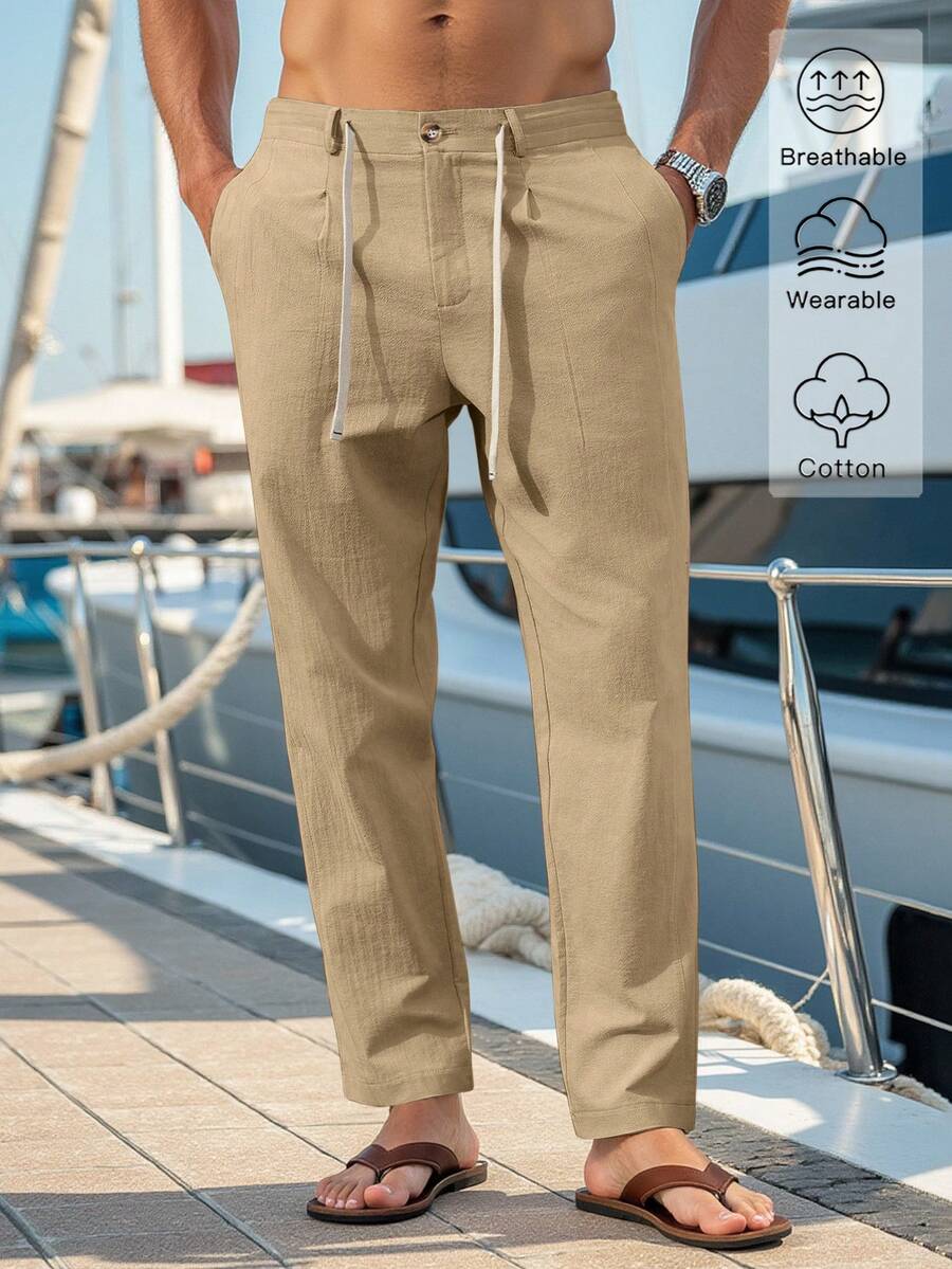 VENTUSAIL Pantalones lisos con cordón en la cintura, pantalones largos entallados de lino, lisos y frescos para salir, otoño - Caqui - Ver 1
