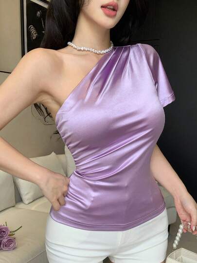 Joudiya Áo kiểu nữ màu trơn, thiết kế xếp ly, ôm dáng.