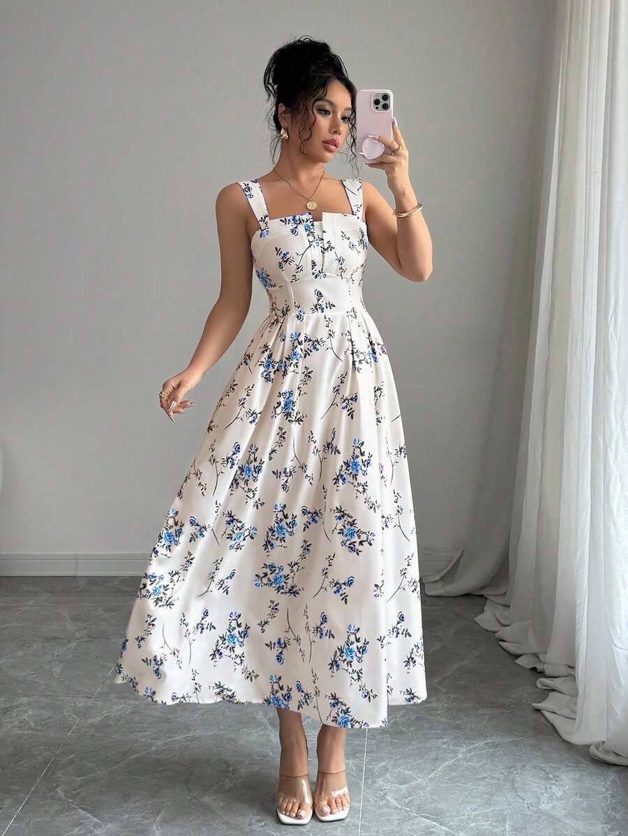 Elenzga Gaun Panjang Wanita Terbaru Motif Bunga Elegan dengan Lipatan di Pinggang untuk Musim Semi/Panas - Aprikot - View 1
