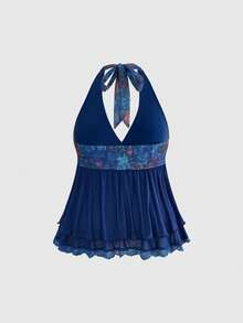 Fairycore Đầm babydoll cỡ lớn in hoa ren cổ điển với nơ ruy băng và cổ yếm. - Màu xanh lam - Xem 2