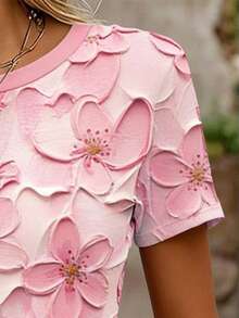 EMERY ROSE 大码女式印花休闲上衣，夏季新品，粉色，3D立体花朵设计，时尚百搭，优雅风格，适合度假和约会穿着。 - 粉色 - 查看 3