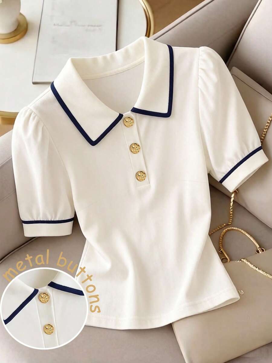 GlowEve CURVE Plus-Size Spring Casual & Commute Wear: Tops & T-Shirts - Casual Color-Block Polo Shirt With Metal Button Accents (Women's Office Attire) - Blue and White - View 1