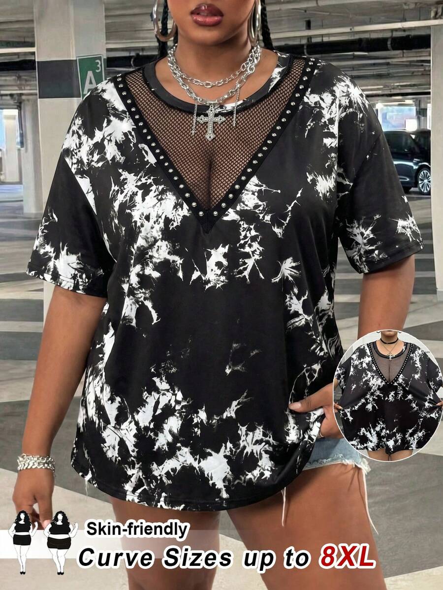 SHEIN CURVE+ 大码女式扎染印花网眼拼接铆钉织带个性化落肩短袖优雅性感街头嘻哈摇滚时尚T恤 - 黑色 - 查看 1