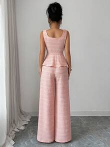 SHEIN Elenzya Women's Soft Pink Summer Elegant 2-Piece Set Textured Square Neck Sleeveless Ruched Waist Gold Trim Pearl Button High Waist Wide Leg Pants Tea Party - Pink - View 2