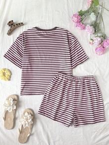 SHEIN 少女T恤套装，休闲运动宽松落肩条纹T恤和短裤套装，夏季 - 彩色 - 查看 3