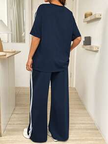 SHEIN 2pcs/Set Maternity Patchwork Round Neck Top And Adjustable Waist Wide Leg Pants, Casual Daily Wear - Blue - View 2