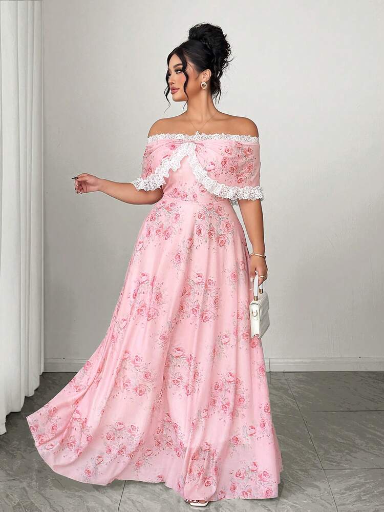 hot pink dress flowy Elenzga Plus Size Women Floral Lace Patchwork Off Shoulder Dress, Elegant Summer Wedding Ninang Vintage High Waist Tiered Ruffled A-Line Maxi neon pink