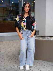 SAYEHFBABY Fashionable Contrast Color Print Patchwork Button Up Oversized Shirt - Multicolor - View 5