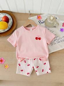 SHEIN Sparklyn 2件套，适合8-12岁女孩，活力甜美风格/清新可爱樱桃蝴蝶结印花粉白条纹圆领短袖T恤+短裤，轻薄透气，适合日常穿着、上学、儿童节活动、春夏秋季穿着。 - 彩色 - 查看 6