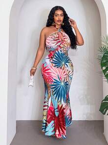 Slaydiva Plus Size Women's Sleeveless Halter Tie-Front Bodycon Maxi Dress With Tropical Plant Print, Suitable For Vacation, Casual Boho, Beach Holiday Vacation, Bonfire, Sunbathing, Resort, Cruise, Outing, Holiday, Colorful , , Elegant , Wedding Season, Bohemian, White Summer - Multicolor - View 4