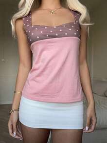 CovetEZ 95% Cotton Contrast Polka Dot Print Pattern Women Tank Top, Suitable For Beach Vacation, Chic - Multicolor - View 5