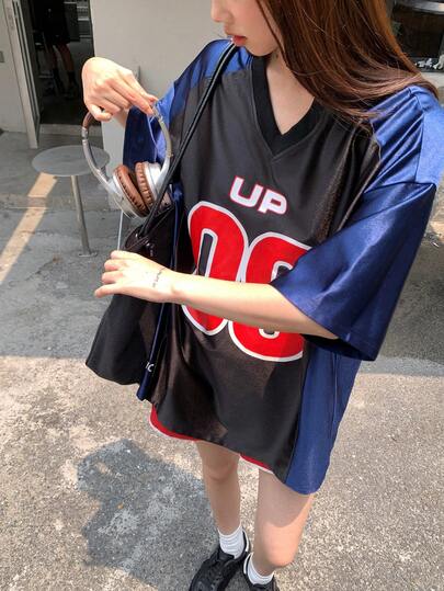DAZY 女士V领休闲短袖字母街头风韩版T恤