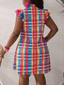 Slaydiva New Spring/Summer Plus-Size Women's Vacation Shirt Dress/Casual Minimalist Women's Mini Shirt Dress/Puff Sleeve/A-Line Dress/Vacation/Travel/Music Festival/Western Style/Nomadic Style/Cruise Travel/Beach/Sunbathing/Fashion Influencer Style/Color Plaid Graphic Print - Multicolor - View 3