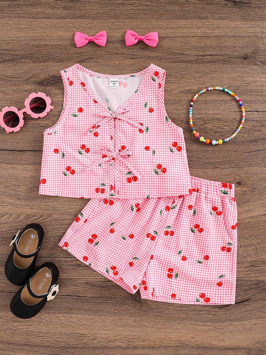Emery Rose Kids Emery Rose Kids 2件套 女童粉色格子樱桃印花无袖上衣和短裤 两件套夏季套装 女童套装 樱桃图案女童服装套装 儿童套装 2件套夏季套装 夏季柔软舒适上衣和裙子 - 粉色 - 查看 1