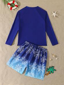 SHEIN Teen Boy White Palm Tree Silhouette Long Sleeve Top And Blue-White Ombre Color Swim Trunks Set Rash Guard For Boys Swim Wear For Teens - Blue - View 3
