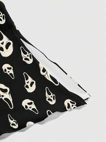 ROMWE Goth 哥特暗黑度假海滩高开衩性感尖叫脸印花女式上衣 - 黑色 - 查看 4