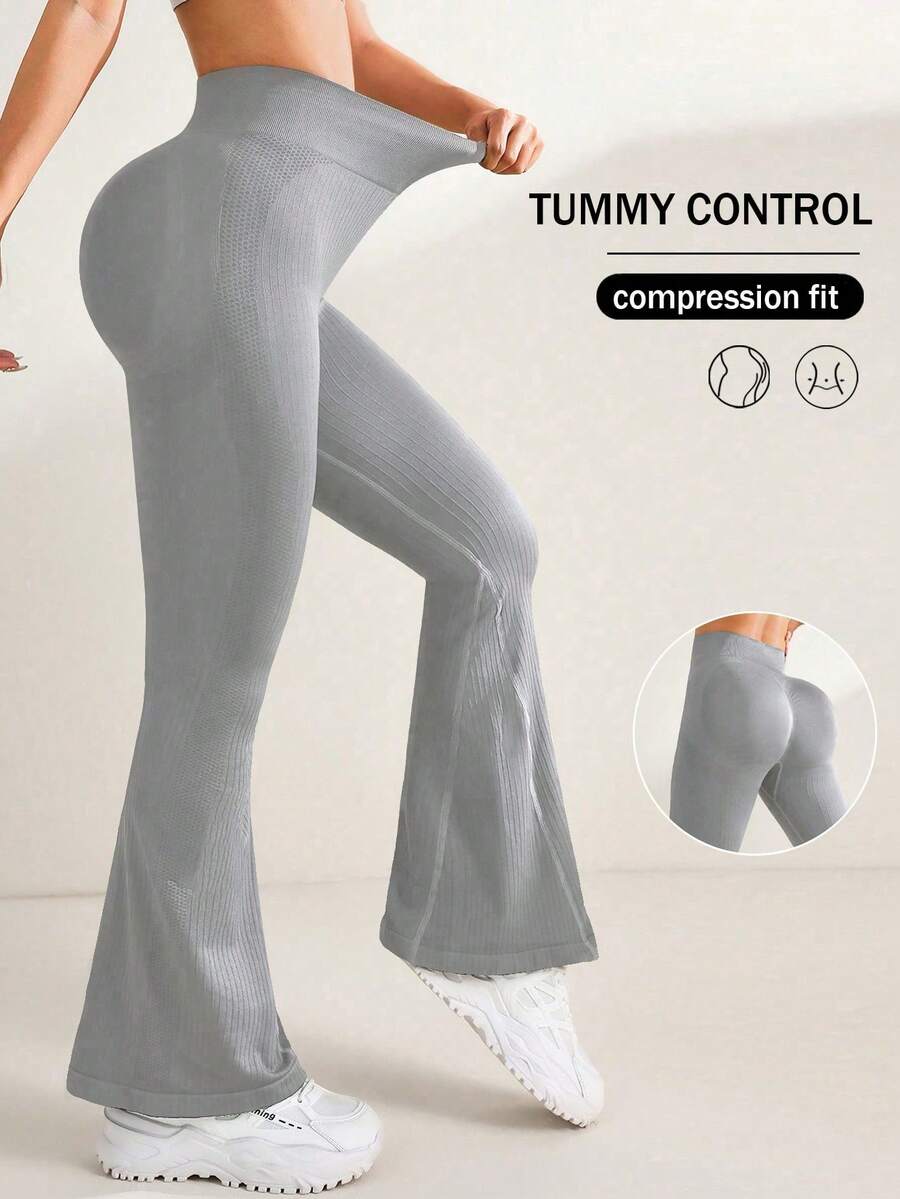 Easithlete Women's Solid Color High Waist Fitted Flare Leg Yoga Pants - Light Grey - View 1