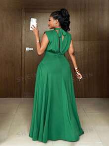 Maweii Plus Size Elegant Solid Color Dress With Stand Collar, Summer - Green - View 2