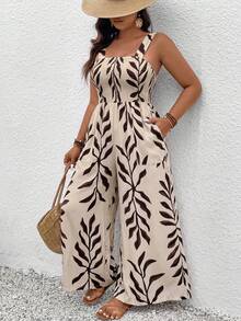 EMERY ROSE Jumpsuit Wanita Ukuran Besar Motif Tanaman untuk Liburan dengan Kaki Lebar, Warna Cokelat untuk Olahraga Musim Panas - Aprikot - View 7