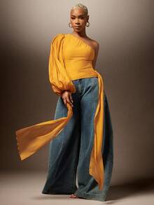 Vixey Solid Chiffon One Shoulder Petal Sleeve Blouse - Ginger - View 2