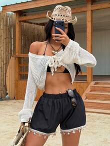 Swim Lushoire 女士海星边饰休闲罩衫短裤套装 - 黑色 - 查看 5