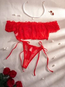 PetitDoll 女款唇形提花網紗內衣套裝，含細帶丁字褲，2件組 - 紅色 - 查看 7