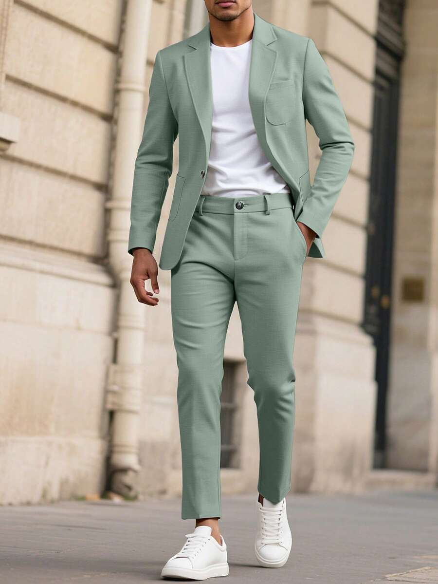 Manfinity Mode Men's Solid Lapel Collar Casual Suit Set, Spring/Summer, Formal - Green - View 1