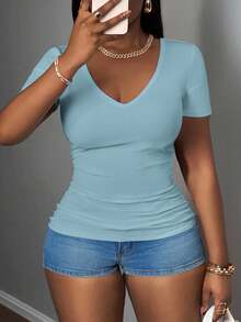 Slaydiva 2025 Nueva Camiseta Básica sin Mangas con Cuello en V Acanalada para Mujer Talla Grande, Blanco - Azul menta - Ver 5