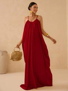 Vesra Spaghetti Strap Deep V-Neck Backless Pleated Dress With Draped Tail, Sexy & Elegant - Red - View 6