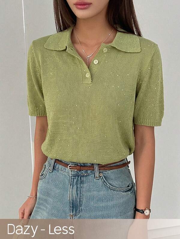 Dazy-Less Spring & Summer Loose Business Casual Chic Office Wear, Street Style, College Vibe, Music Festival Sequin Decor Half-Zip Polo Shirt Short Sleeve Knit Top For Women