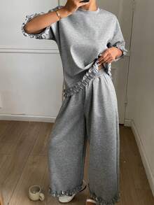 DAZY Setelan Santai Wanita 2 Potong Atasan Berenda Warna Polos dan Celana Panjang Lebar - Light Grey - View 5