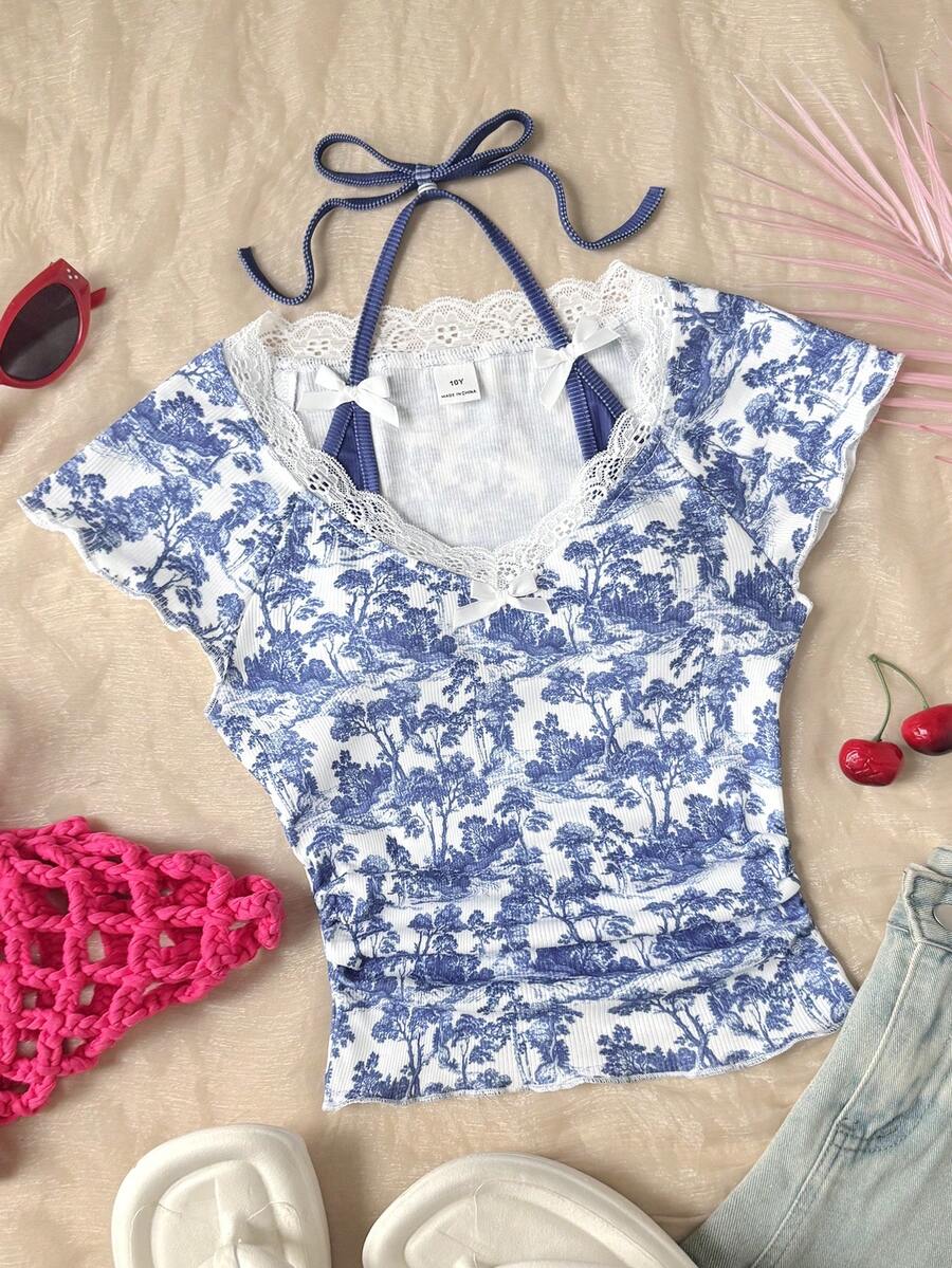 SHEIN Tween Girl Casual Lace Trim V-Neck Ribbon Bow Decor Fitted Stretchy Ribbed Short Sleeve Solid Color T-Shirt, Black Tee, Y2K Top - Blue and White - View 1