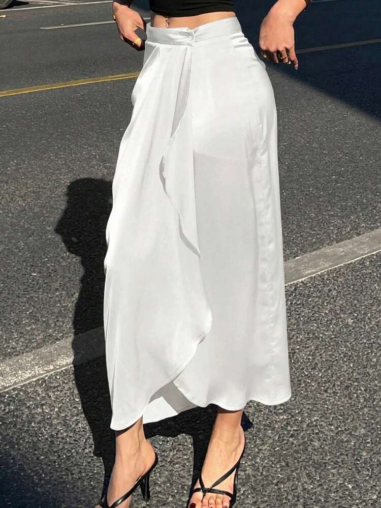 White Asymmetric Ruffle Hem Slit Design Women's Skirt Summer