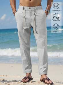 VENTUSAIL Pantalones largos entubados de lino para hombre, cintura con cordón, color liso, frescos, para salir, otoño, vacaciones - Gris Claro - Ver 5
