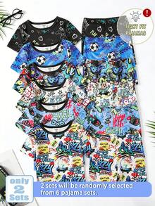 [2 Sets Random] 1 Set Baby Boy Summer Snug Fit Pajamas Short Sleeve & Shorts Soft Knit Ink Splatter Soccer And Cartoon Monster Print - Multicolor - View 3