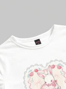 ROMWE Kawaii Cute Rabbit & Strawberry Print Lace Heart Decor Sexy Short Sleeve T-Shirt, Pastoral Style For Spring/Summer - White - View 3