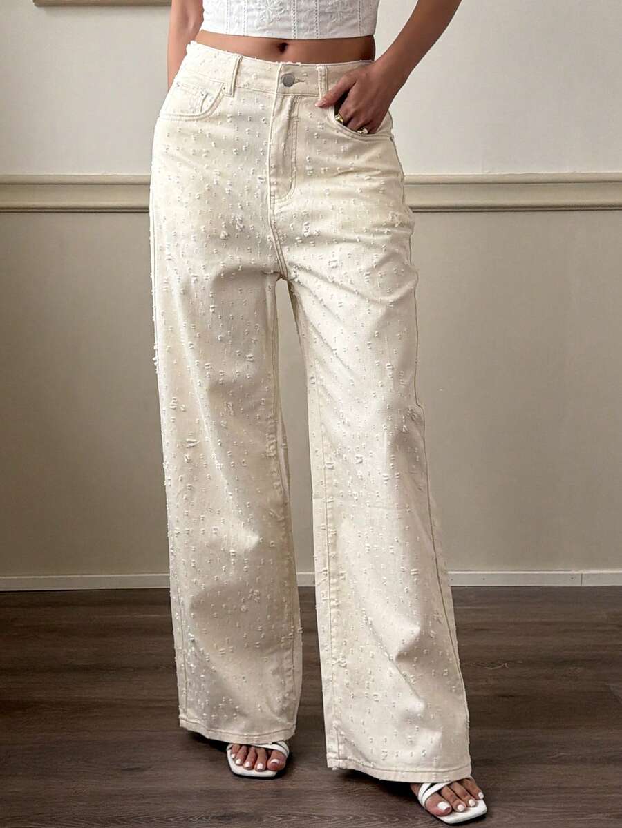 DAZY Jeans de pierna ancha de uso diario versátil y casual con bolsillos y botones para mujer - Beis - Ver 1