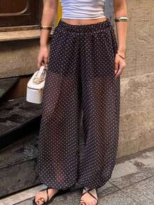 MainGRL Pantalones de gasa con lunares de estilo vanguardista, dulce y picante, de moda, apropiados para festivales de música, ocasiones dulces y picantes, salidas, citas, uso casual diario - Blanco y Negro - Ver 4